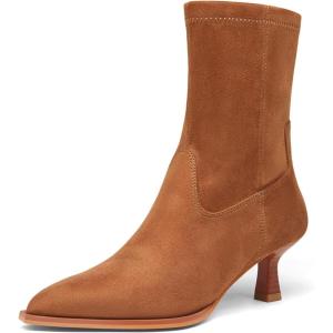 Coutgo Womens Pointed Toe Ankle Boots Stacked Kitten Low Heel Side Zipper Fall Booties Shoes(Dark Brown Suede)
