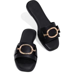 Coutgo Womens Square Toe Dressy Summer Slide Sandals Flat Low Heel Big Metal Chain Slip On Party Slippers Shoes(Black)