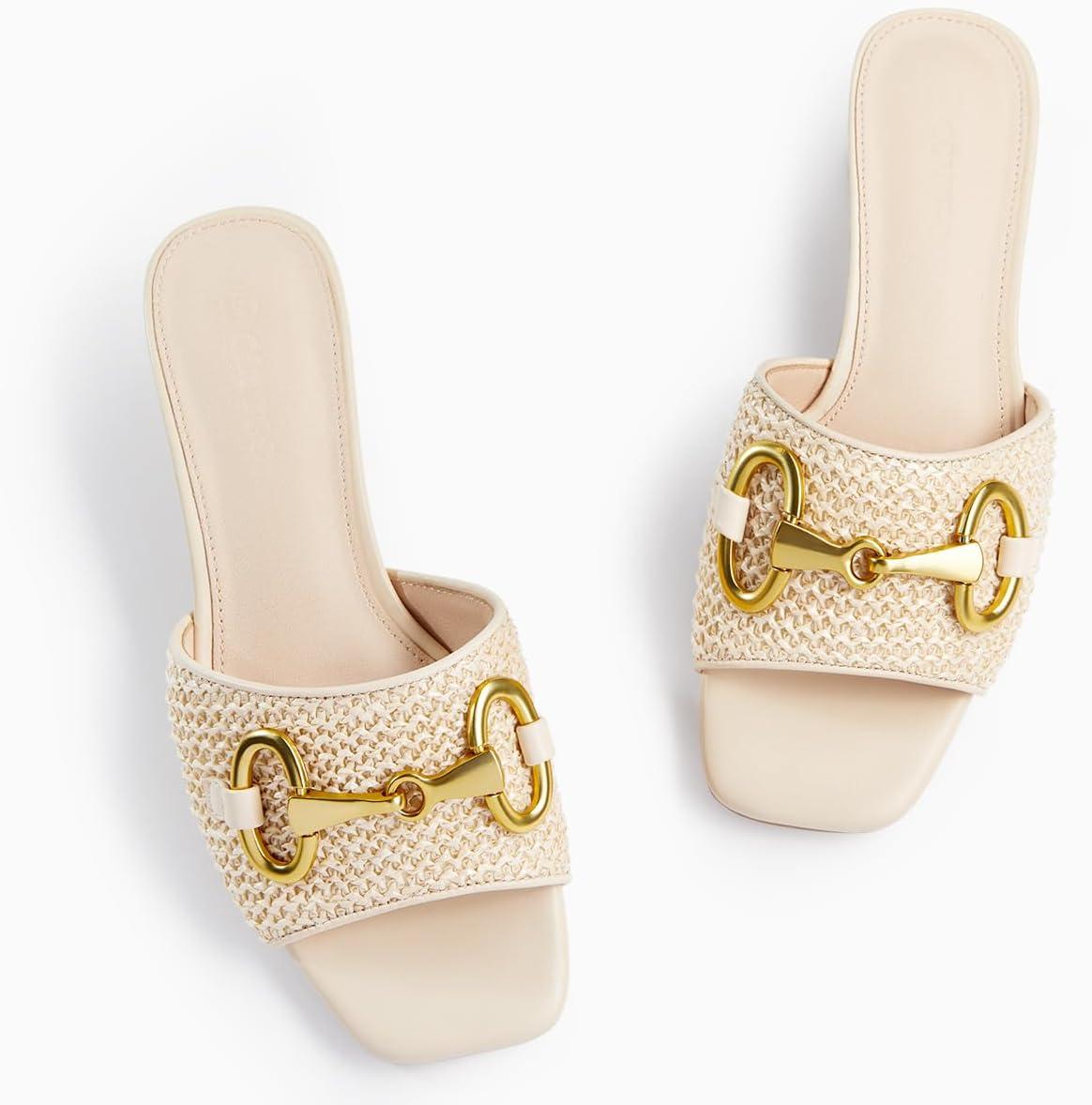 imageCoutgo Womens Heeled Slides Sandals Square Open Toe Slip on Comfortable Mules Block Low Heel Metal Chain Dressy ShoesApricot