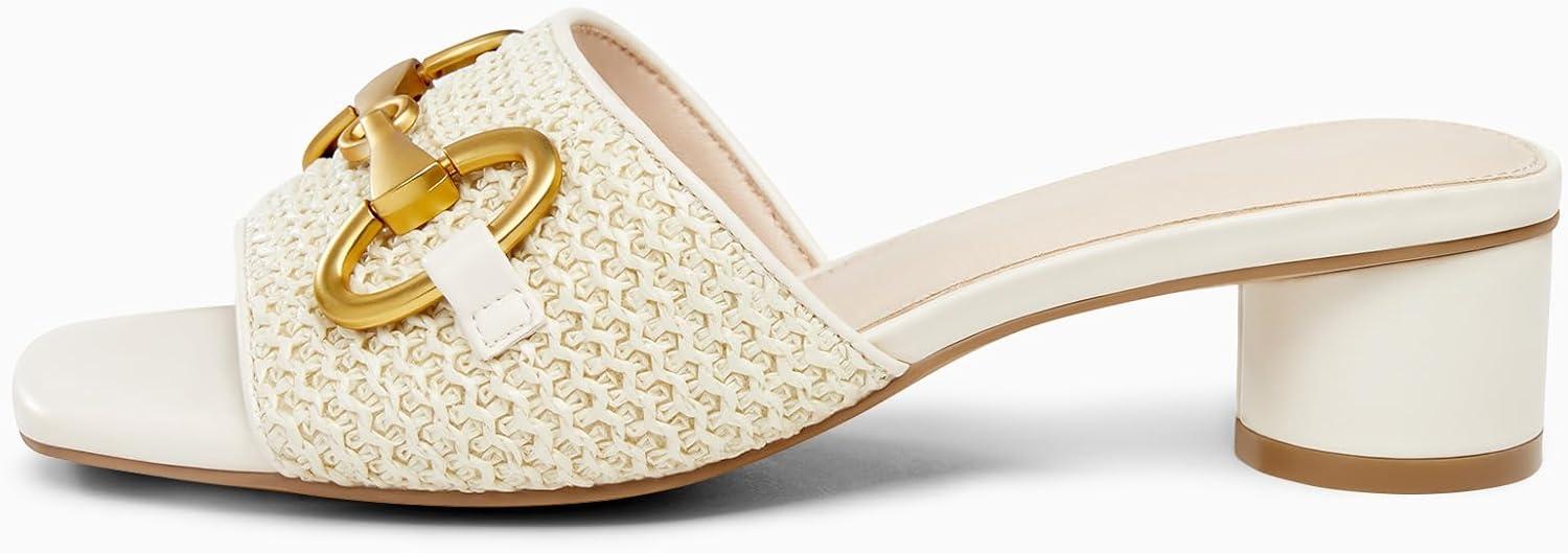 imageCoutgo Womens Heeled Slides Sandals Square Open Toe Slip on Comfortable Mules Block Low Heel Metal Chain Dressy ShoesCream White