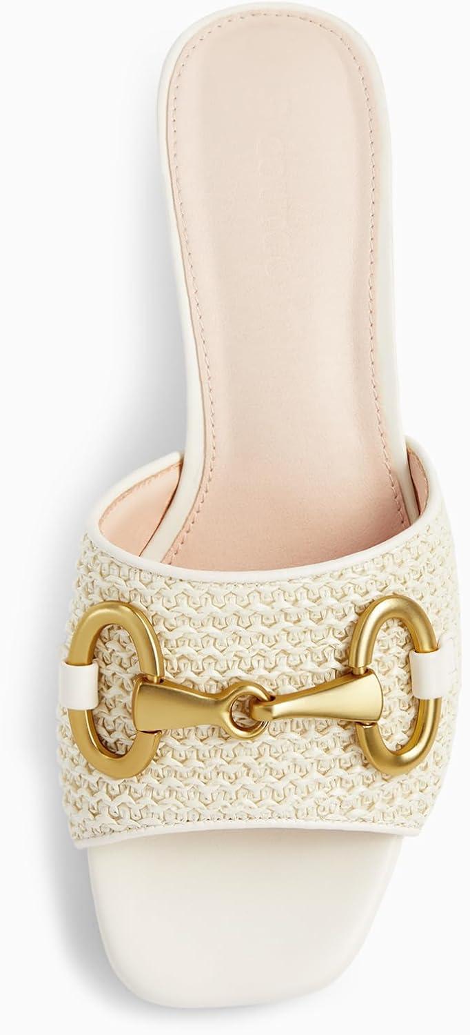 imageCoutgo Womens Heeled Slides Sandals Square Open Toe Slip on Comfortable Mules Block Low Heel Metal Chain Dressy ShoesCream White