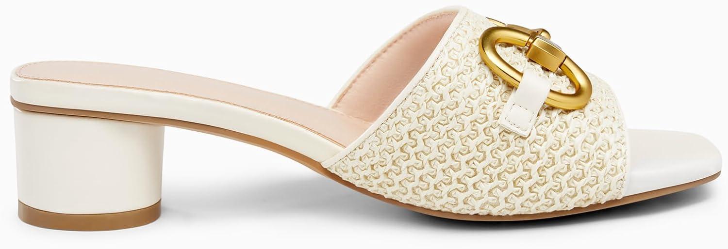 imageCoutgo Womens Heeled Slides Sandals Square Open Toe Slip on Comfortable Mules Block Low Heel Metal Chain Dressy ShoesCream White