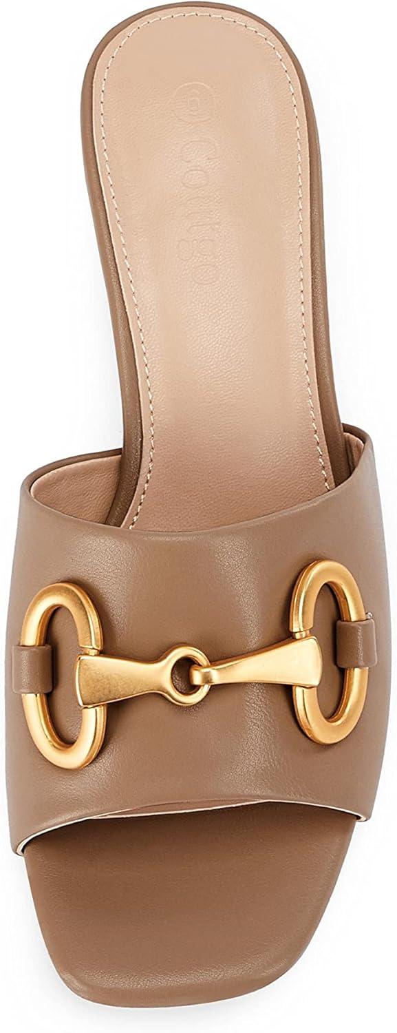 imageCoutgo Womens Heeled Slides Sandals Square Open Toe Slip on Comfortable Mules Block Low Heel Metal Chain Dressy ShoesDark Khaki