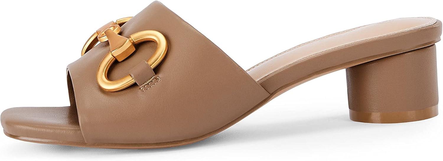 imageCoutgo Womens Heeled Slides Sandals Square Open Toe Slip on Comfortable Mules Block Low Heel Metal Chain Dressy ShoesDark Khaki
