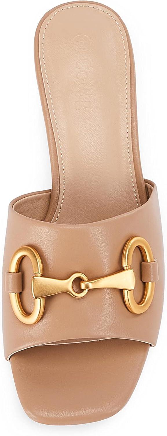 imageCoutgo Womens Heeled Slides Sandals Square Open Toe Slip on Comfortable Mules Block Low Heel Metal Chain Dressy ShoesKhaki