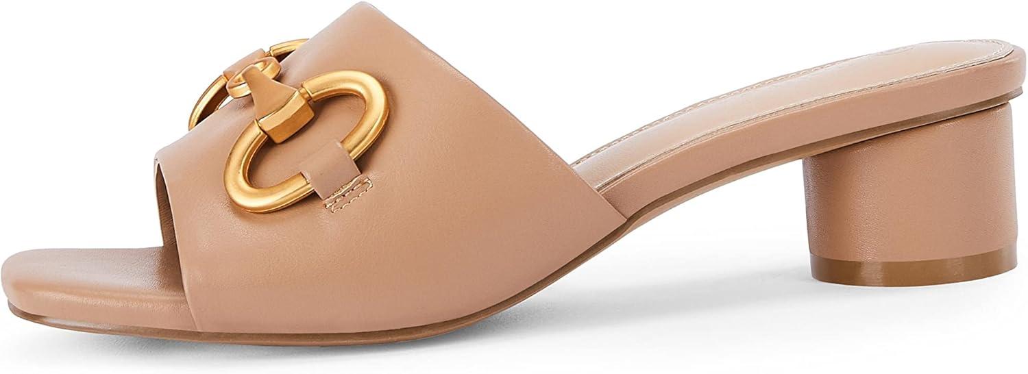 imageCoutgo Womens Heeled Slides Sandals Square Open Toe Slip on Comfortable Mules Block Low Heel Metal Chain Dressy ShoesKhaki