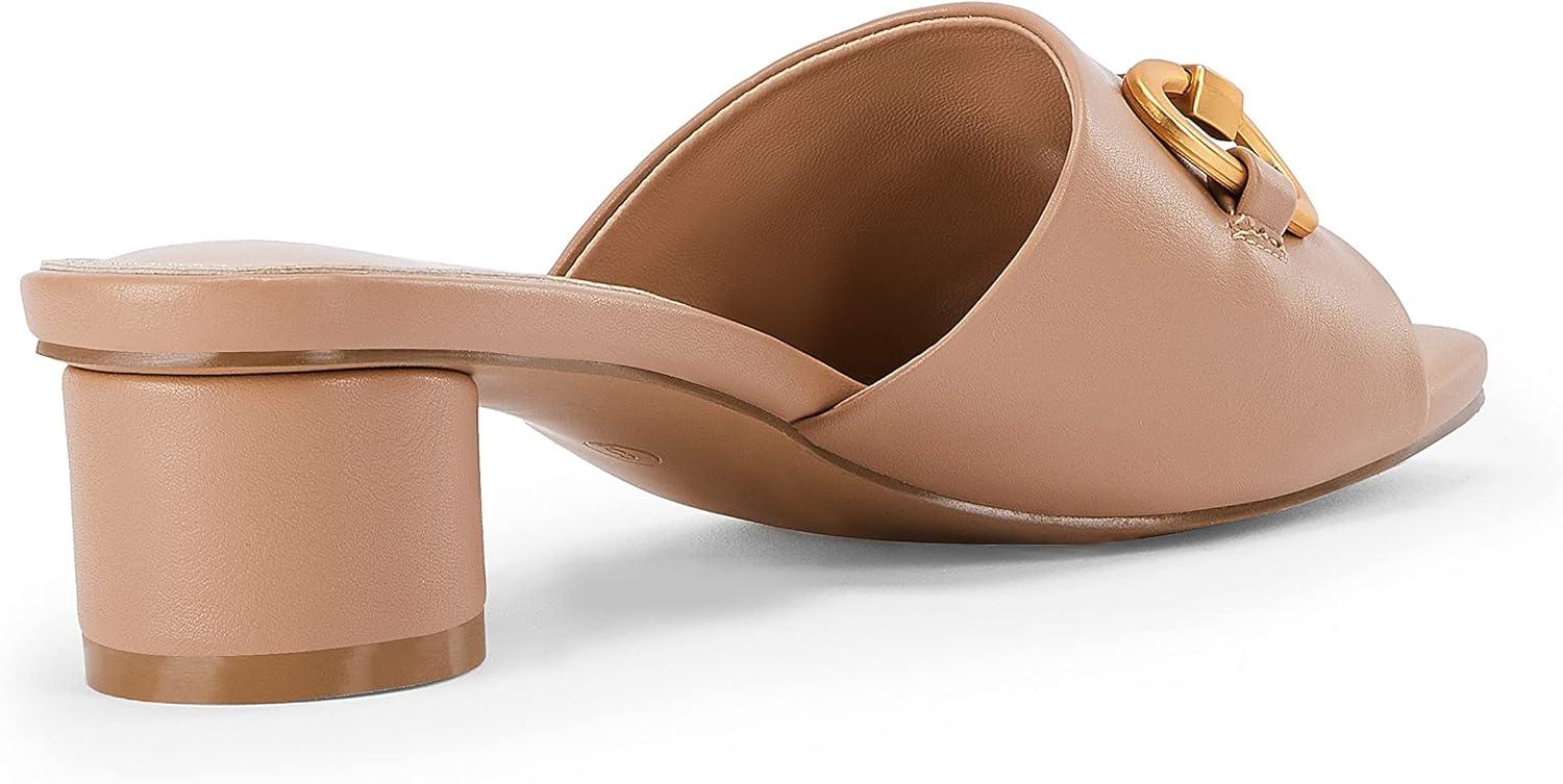 imageCoutgo Womens Heeled Slides Sandals Square Open Toe Slip on Comfortable Mules Block Low Heel Metal Chain Dressy ShoesKhaki