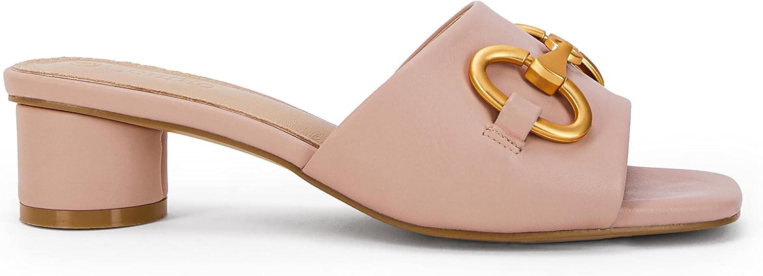imageCoutgo Womens Heeled Slides Sandals Square Open Toe Slip on Comfortable Mules Block Low Heel Metal Chain Dressy ShoesLight Pink