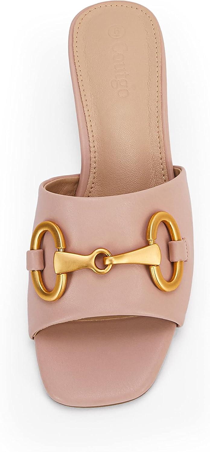 imageCoutgo Womens Heeled Slides Sandals Square Open Toe Slip on Comfortable Mules Block Low Heel Metal Chain Dressy ShoesLight Pink