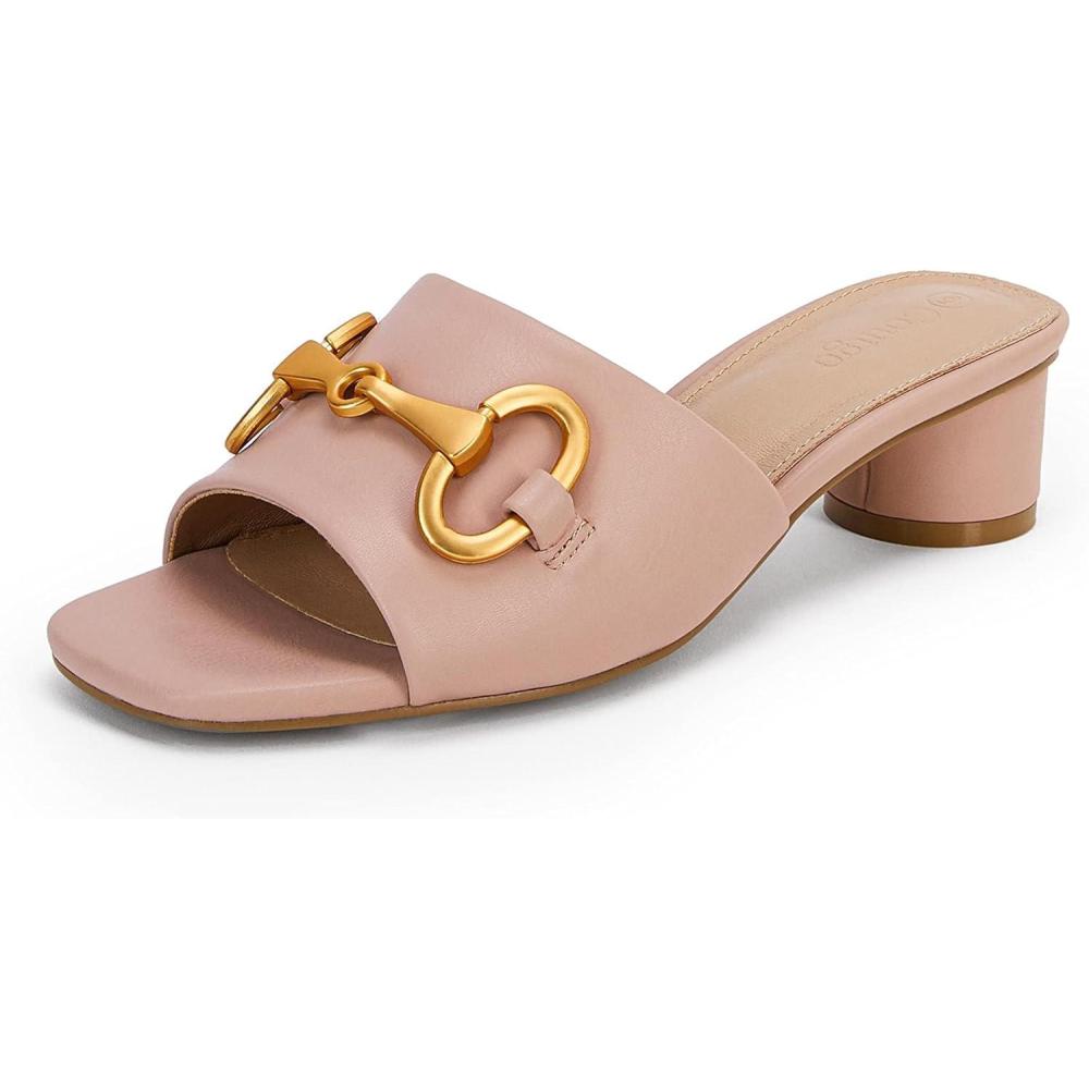 imageCoutgo Womens Heeled Slides Sandals Square Open Toe Slip on Comfortable Mules Block Low Heel Metal Chain Dressy ShoesLight Pink