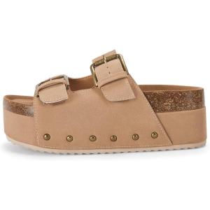 Coutgo Women’s Cork Platform Sandals Slip on Mules and Clogs Double Buckle Straps Summer Shoes, Khaki, Size 7.5