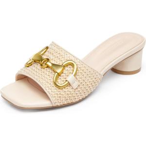 Coutgo Womens Heeled Slides Sandals Square Open Toe Slip on Comfortable Mules Block Low Heel Metal Chain Dressy Shoes(Apricot)