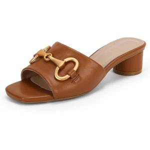 Coutgo Womens Heeled Slides Sandals Square Open Toe Slip on Comfortable Mules Block Low Heel Metal Chain Dressy Shoes(Brown)