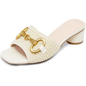 Coutgo Womens Heeled Slides Sandals Square Open Toe Slip on Comfortable Mules Block Low Heel Metal Chain Dressy Shoes(Cream White)