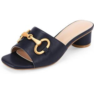Coutgo Womens Heeled Slides Sandals Square Open Toe Slip on Comfortable Mules Block Low Heel Metal Chain Dressy Shoes(Navy)