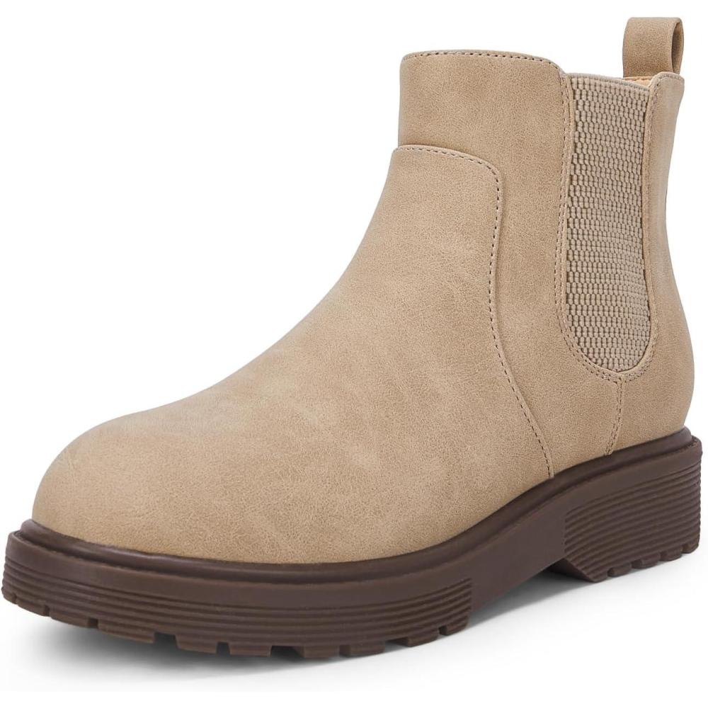 imageCoutgo Girls Kids Lug Sole Ankle Boots Side Zip Chunky Low Heel Slip On Winter Casual Chelsea Booties ShoesKhaki