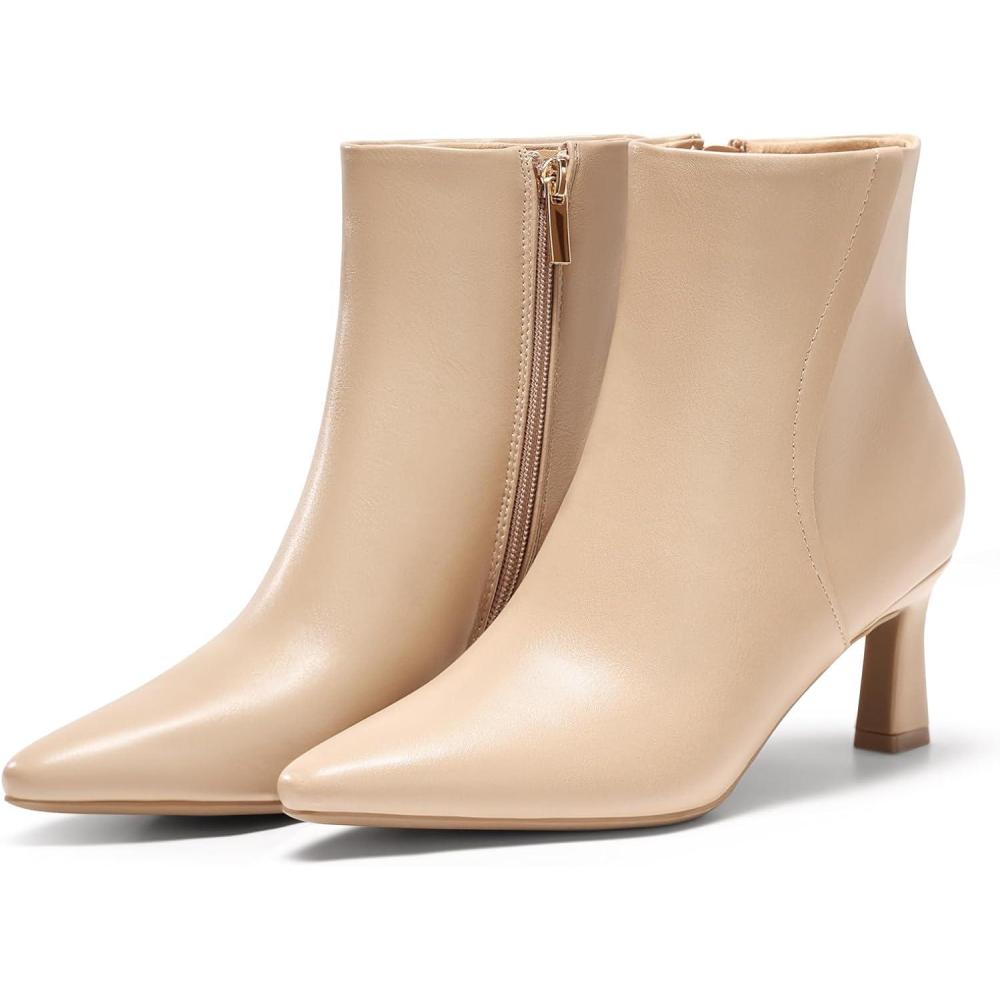 imageCoutgo Womens Ankle Boots Kitten Low Heel Closed Pointed Booties Side Zipper Winter Dress ShoesKhaki