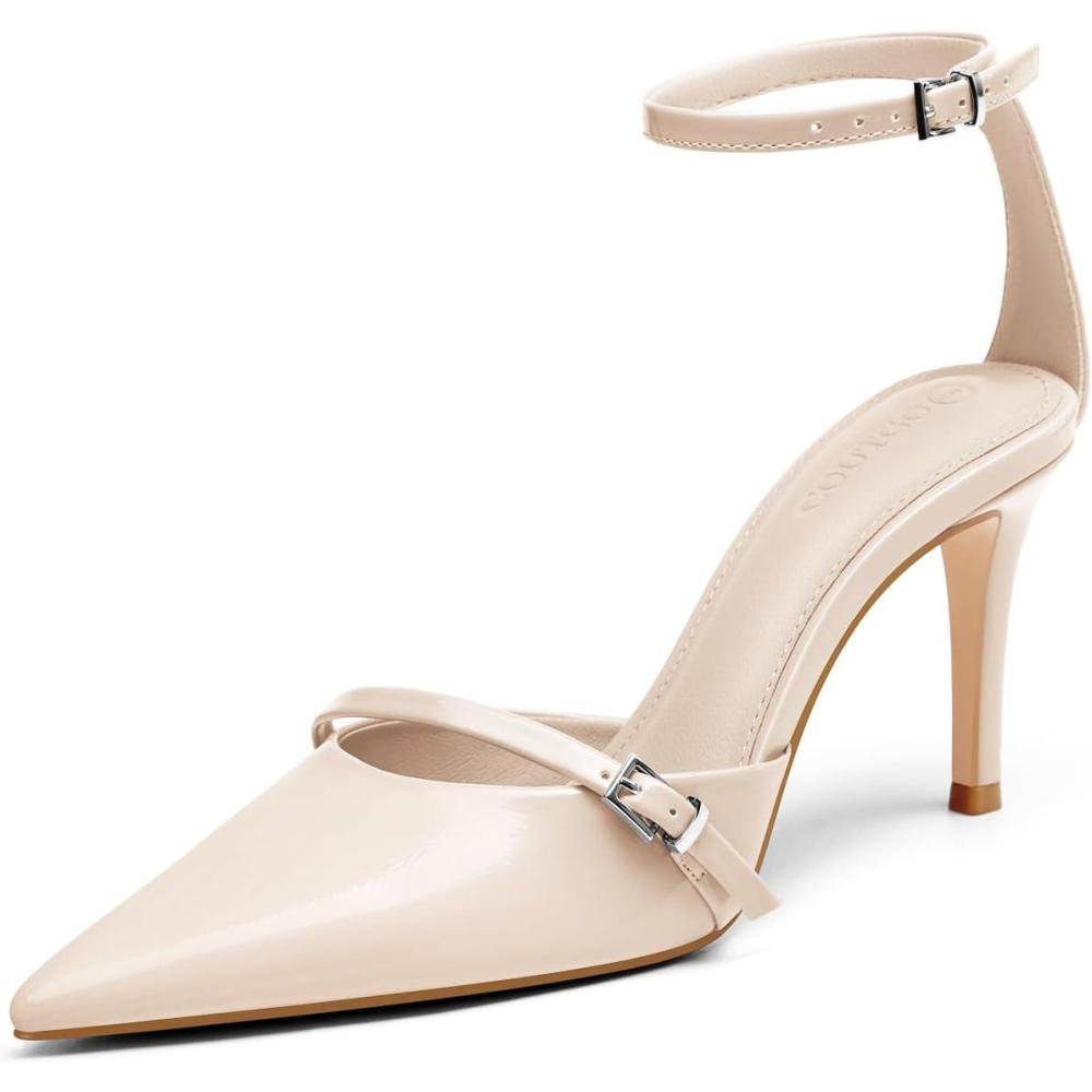 imageCoutgo Womens High Heels Closed Pointed Toe Ankle Buckle Strap Sexy Pumps Wedding Party Dress ShoesBeige