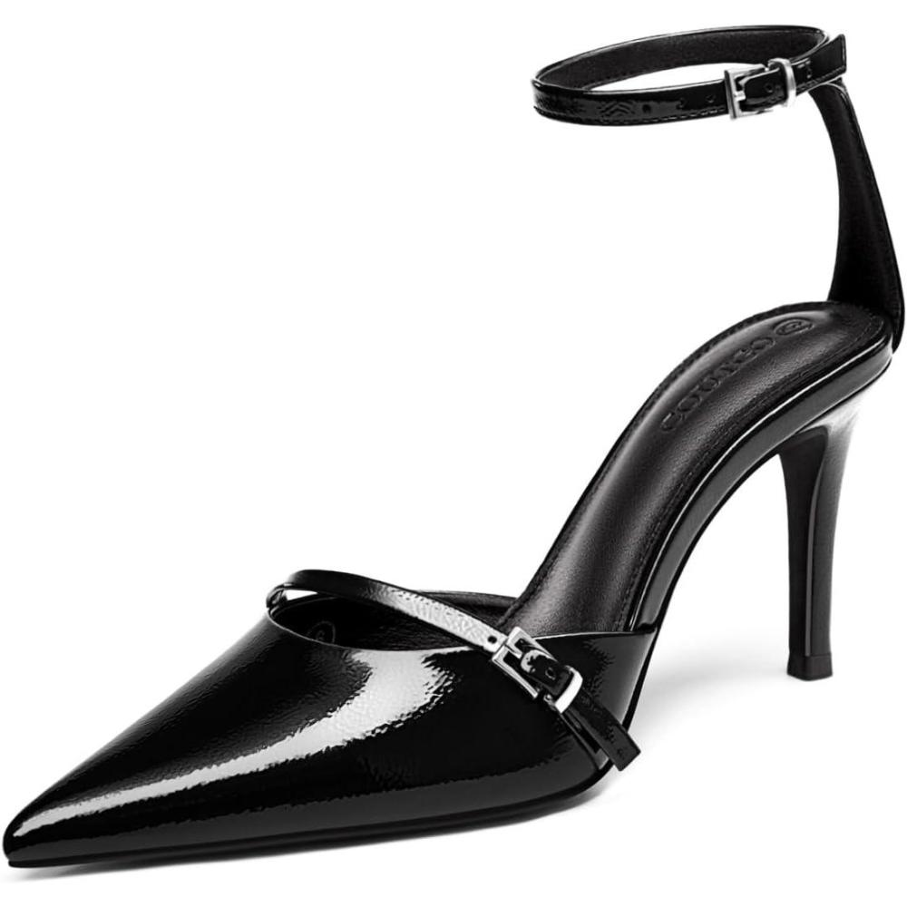 imageCoutgo Womens High Heels Closed Pointed Toe Ankle Buckle Strap Sexy Pumps Wedding Party Dress ShoesBlack