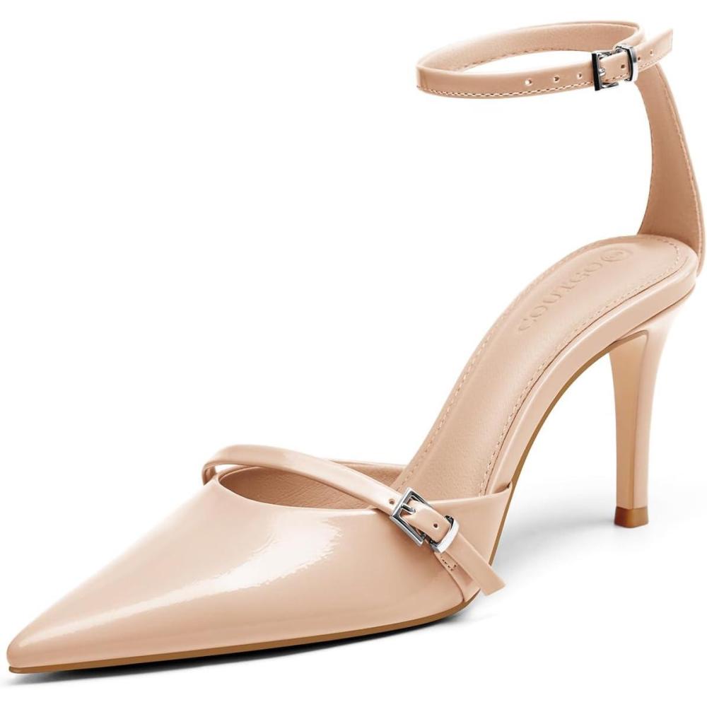 imageCoutgo Womens High Heels Closed Pointed Toe Ankle Buckle Strap Sexy Pumps Wedding Party Dress ShoesKhaki