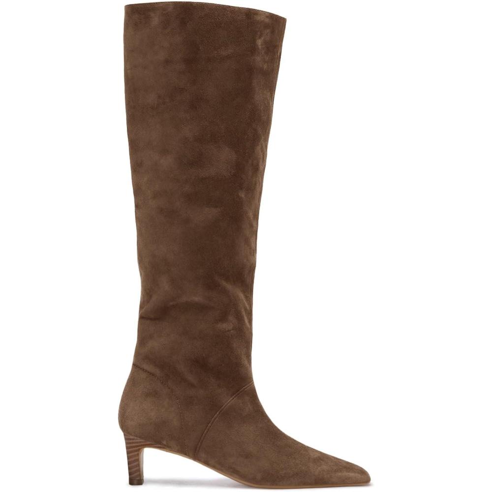 imageCoutgo Womens Knee High Boots Wide Calf Kitten Heel Pointed Toe Long Boots Pull On Winter Dress ShoesChocolate Brown