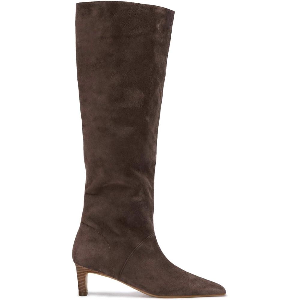 imageCoutgo Womens Knee High Boots Wide Calf Kitten Heel Pointed Toe Long Boots Pull On Winter Dress ShoesDark Brown