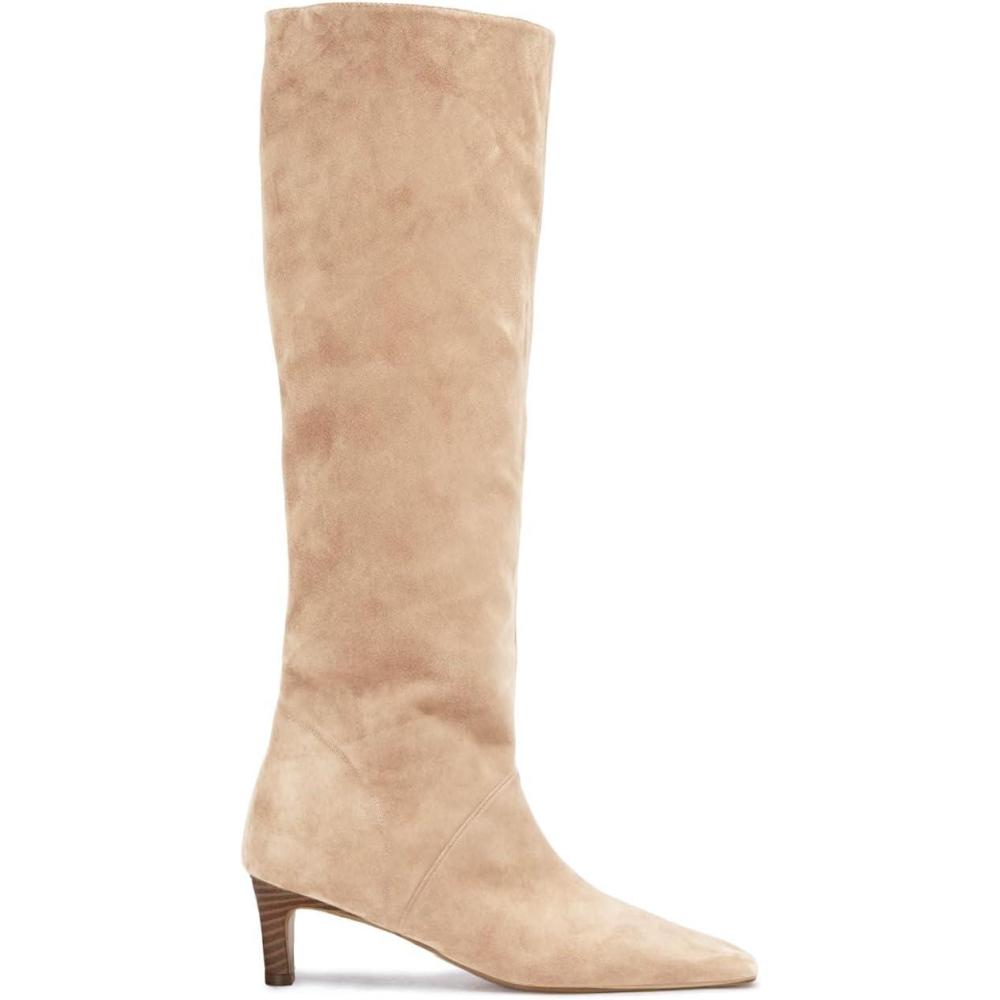 imageCoutgo Womens Knee High Boots Wide Calf Kitten Heel Pointed Toe Long Boots Pull On Winter Dress ShoesNude