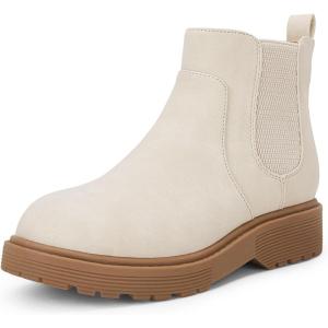 Coutgo Girls Kids Lug Sole Ankle Boots Side Zip Chunky Low Heel Slip On Winter Casual Chelsea Booties Shoes(Cream)