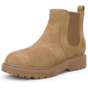 Coutgo Girls Kids Lug Sole Ankle Boots Side Zip Chunky Low Heel Slip On Winter Casual Chelsea Booties Shoes(Light Brown)