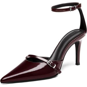 Coutgo Womens High Heels Closed Pointed Toe Ankle Buckle Strap Sexy Pumps Wedding Party Dress Shoes(Deep Red)