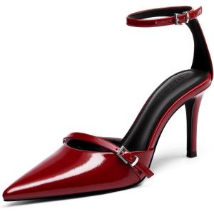 Coutgo Womens High Heels Closed Pointed Toe Ankle Buckle Strap Sexy Pumps Wedding Party Dress Shoes(Red)