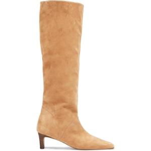 Coutgo Womens Knee High Boots Wide Calf Kitten Heel Pointed Toe Long Boots Pull On Winter Dress Shoes(Khaki)