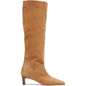 Coutgo Womens Knee High Boots Wide Calf Kitten Heel Pointed Toe Long Boots Pull On Winter Dress Shoes(Light Brown)