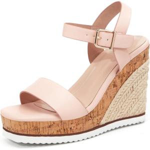 Women’s Espadrille Wedge Platform Sandals Open Toe Ankle Buckle Strap Casual Summer Shoes(Pink)