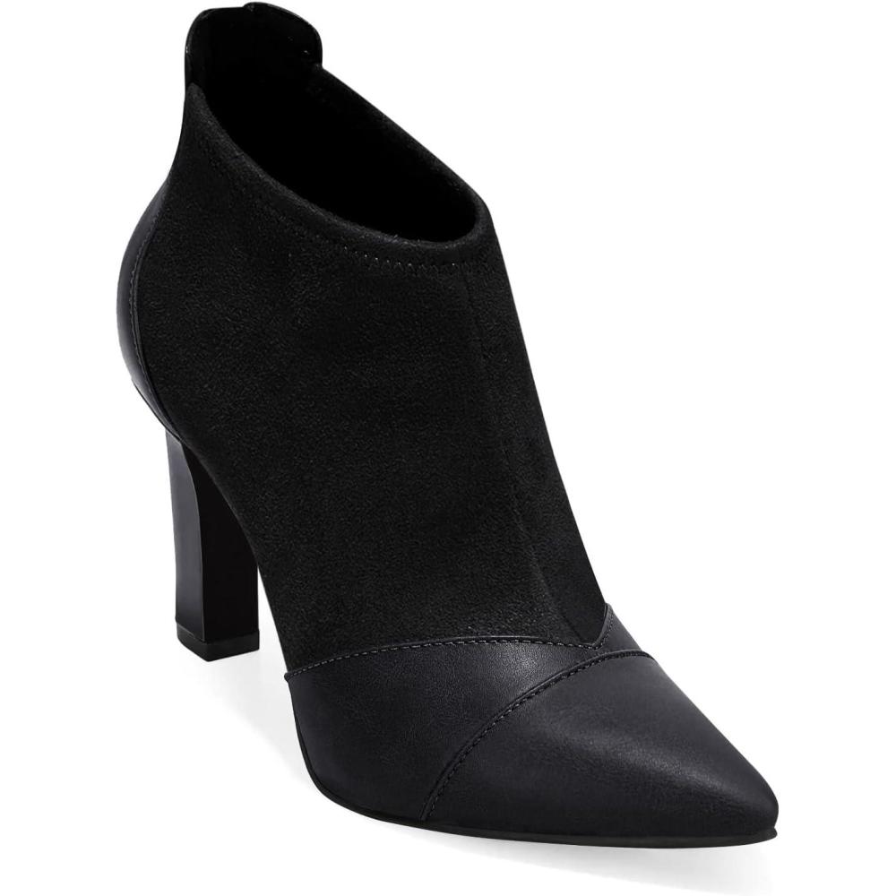 imageCoutgo Womens Ankle Booties Dress Boots Pointed Toe Stiletto High Heel Splicing Booties Shoes with Back ZipperBlack