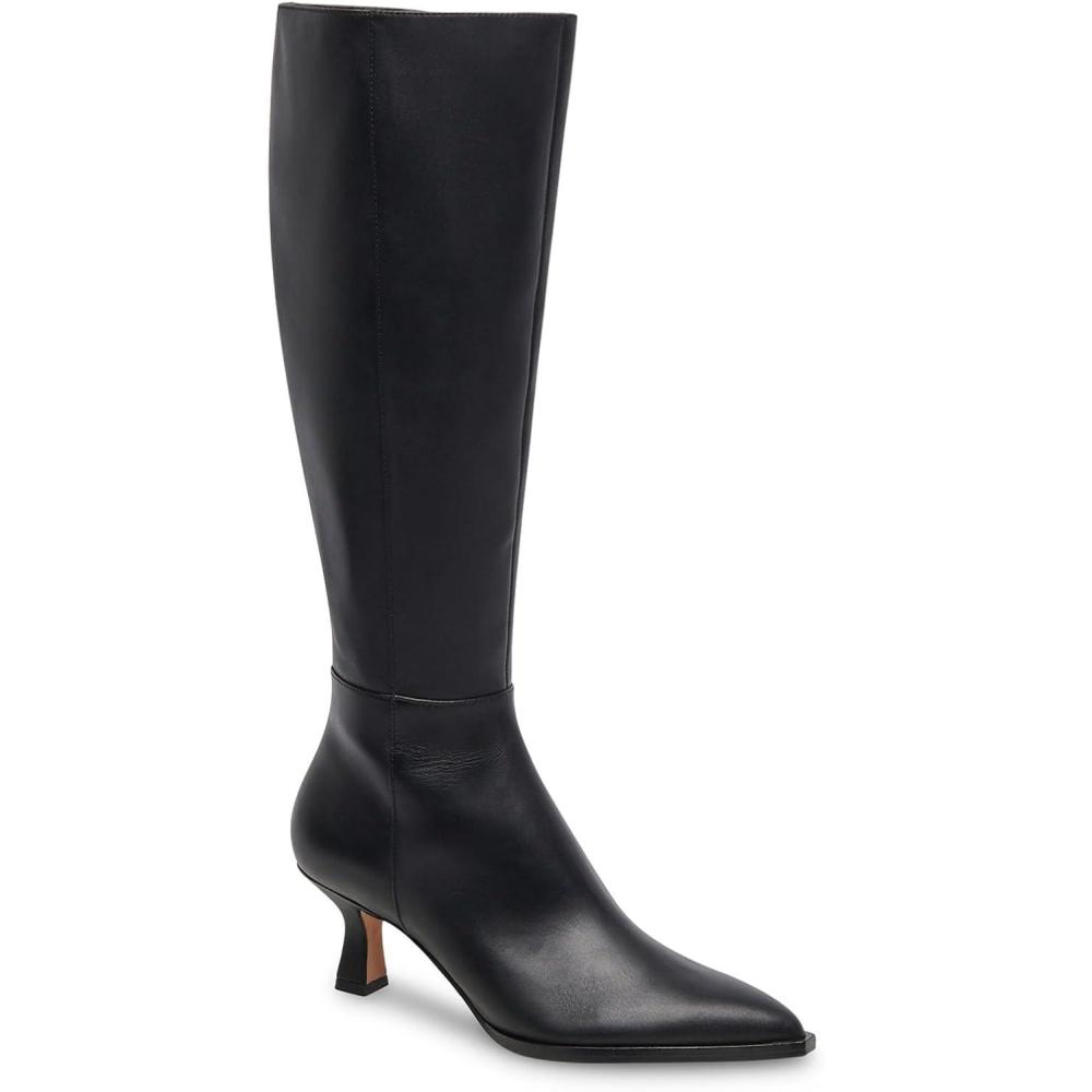 imageCoutgo Womens Knee High Boots Kitten Low Heel Pointed Toe Tall Boots Side Zipper Winter Dress ShoesBlack