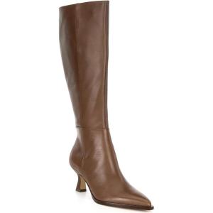 Coutgo Womens Knee High Boots Kitten Low Heel Pointed Toe Tall Boots Side Zipper Winter Dress Shoes(Dark Brown)