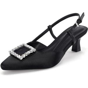 Coutgo Womens Slingback Low Kitten Heels Pumps Closed Pointed Toe Rhinestone Wedding Dress Shoes(Black)