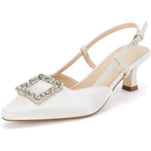 Coutgo Womens Slingback Low Kitten Heels Pumps Closed Pointed Toe Rhinestone Wedding Dress Shoes(Cream)