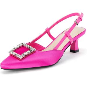 Coutgo Womens Slingback Low Kitten Heels Pumps Closed Pointed Toe Rhinestone Wedding Dress Shoes(Rose Red)