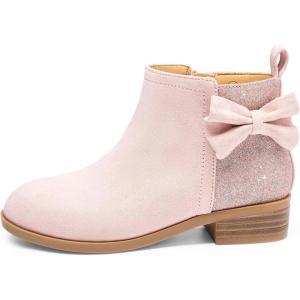 Coutgo Girls Bow Glitter Ankle Boots Side Zipper Low Heel Short Booties Dress Shoes(Pink)
