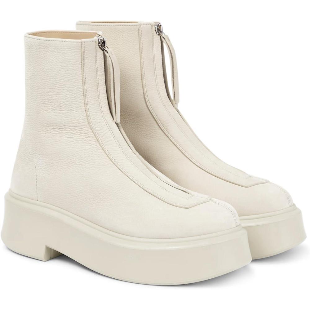 imageCoutgo Womens Front Zip Ankle Boots Comfortable Platform Flat Chunky Heel Booties Round Toe Casual Winter Snow BootsBeige