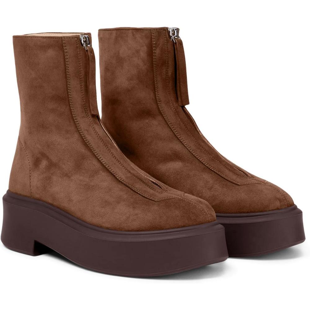 imageCoutgo Womens Front Zip Ankle Boots Comfortable Platform Flat Chunky Heel Booties Round Toe Casual Winter Snow BootsCoffee