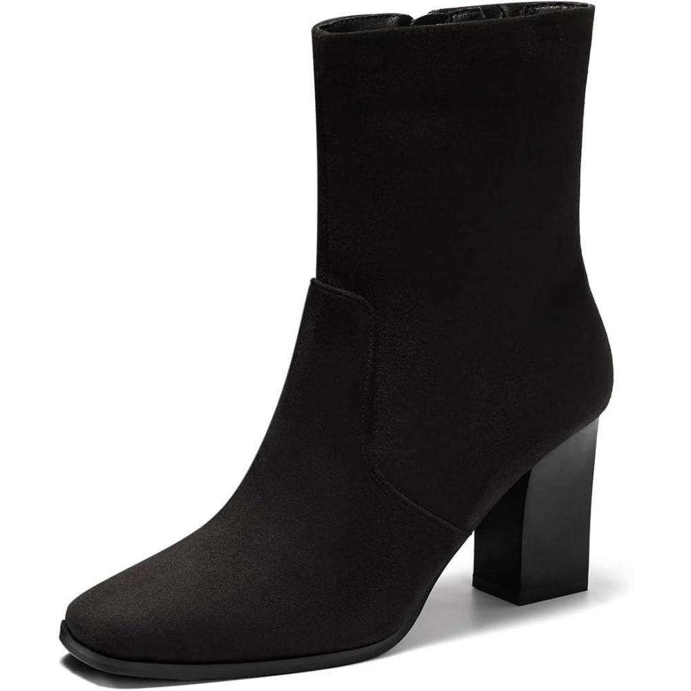 imageCoutgo Womens Chunky Block Heel Ankle Boots Square Toe Side Zipper Booties Faux Suede Fall Dress ShoesBlack