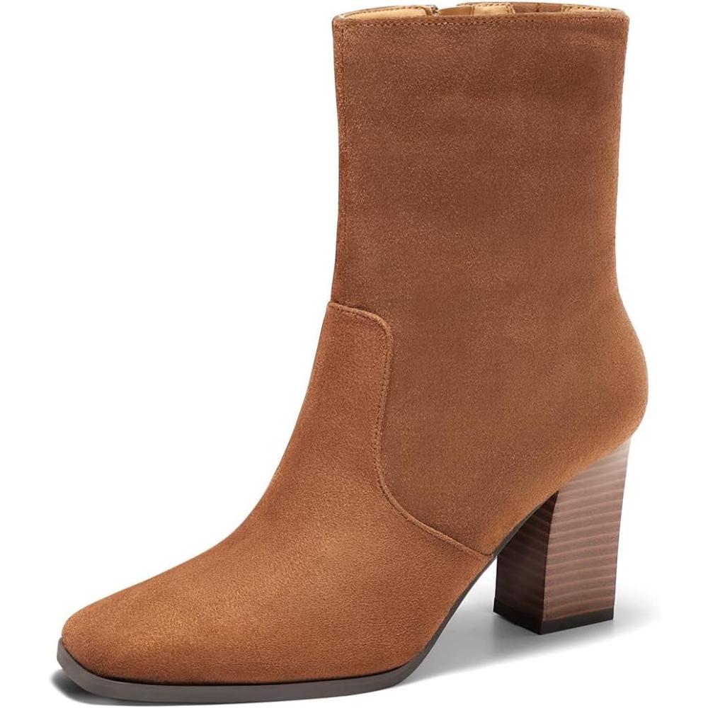 imageCoutgo Womens Chunky Block Heel Ankle Boots Square Toe Side Zipper Booties Faux Suede Fall Dress ShoesBrown
