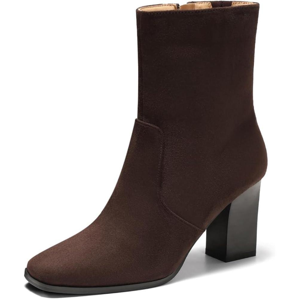 imageCoutgo Womens Chunky Block Heel Ankle Boots Square Toe Side Zipper Booties Faux Suede Fall Dress ShoesChocolate