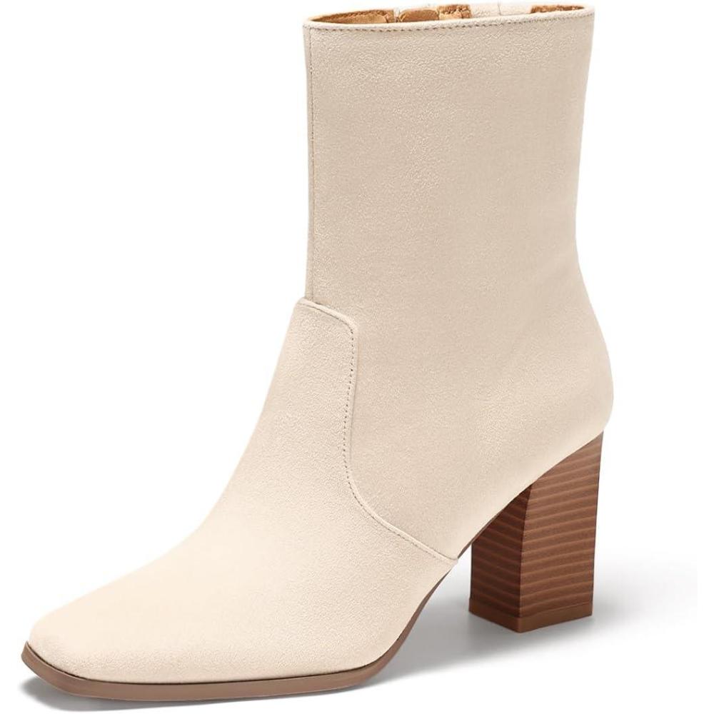 imageCoutgo Womens Chunky Block Heel Ankle Boots Square Toe Side Zipper Booties Faux Suede Fall Dress ShoesNude