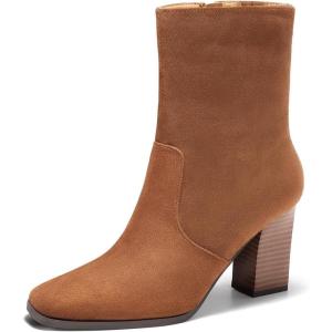 Coutgo Womens Chunky Block Heel Ankle Boots Square Toe Side Zipper Booties Faux Suede Fall Dress Shoes(Brown)