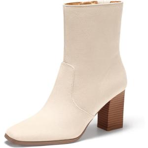 Coutgo Womens Chunky Block Heel Ankle Boots Square Toe Side Zipper Booties Faux Suede Fall Dress Shoes(Nude)