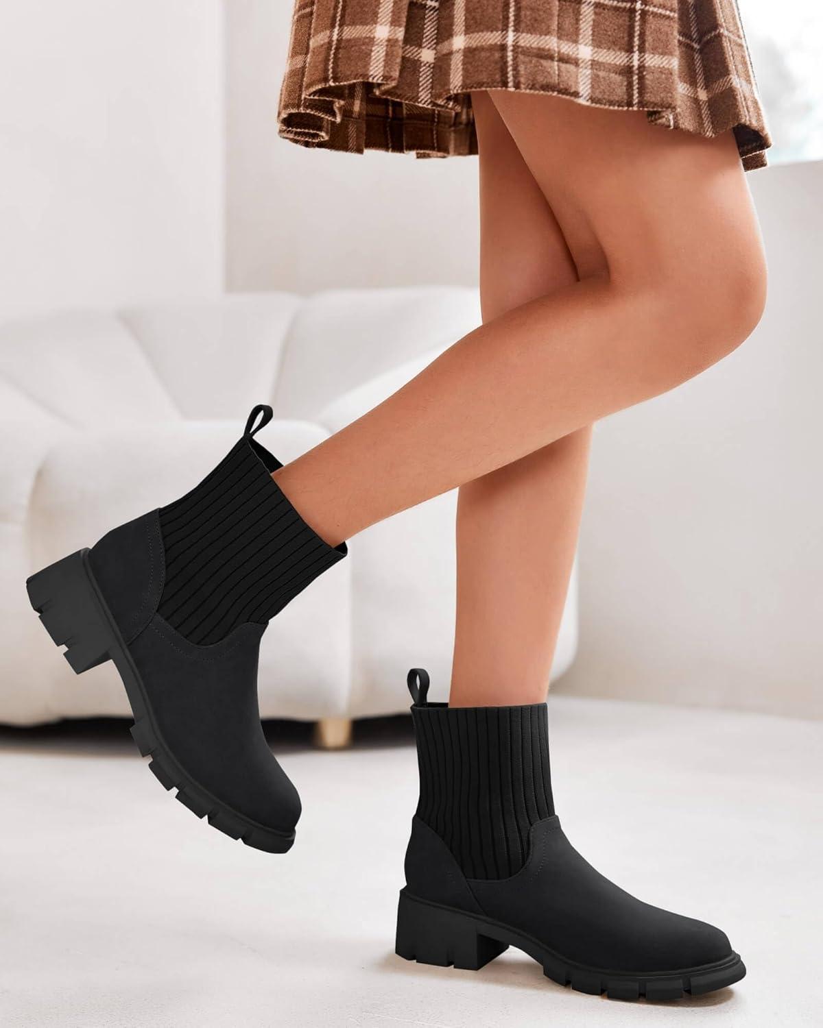 imageCoutgo Girls Boots Kids Combat Chelsea Ankle Booties Chunky Heel Lug Sole Elastic Fall Fashion Shoes Toddler Little Kid Big Kid Toddler Little Kid Big KidBlack